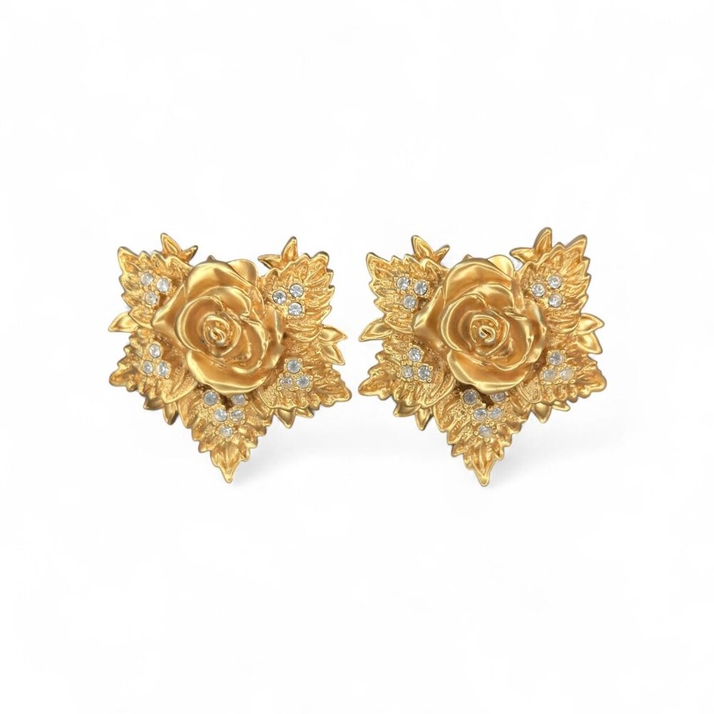 Elizabeth Taylor For Avon Gold Tone Clip-On Rose Earrings With Pavé Crystals